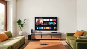 Enhance your IPTV experience with this cozy living room showcasing vibrant channels on the smart TV.