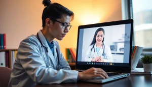 Engaging in virtual shadowing experiences with a doctor through a laptop.