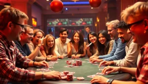 Engaged players enjoying the rummy wealth game with colorful cards and chips on the table.