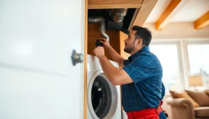 Expert performing dryer vent cleaning salt lake city with precision in a modern home environment.