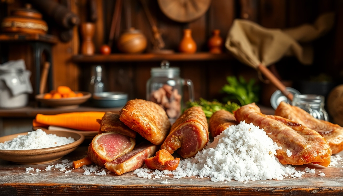 Explore salting techniques with various meats and spices in a rustic kitchen setting.