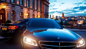 Experience the luxury private car service Dublin with a sleek black sedan waiting outside an elegant building.