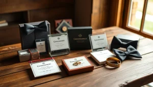 Explore cheap groomsmen gifts like personalized flasks and keychains beautifully displayed for gift inspiration.