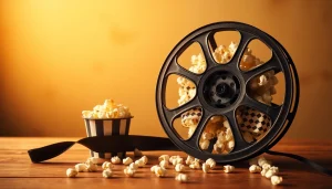 Enjoy public domain movies streaming with a vintage film reel and popcorn on display.