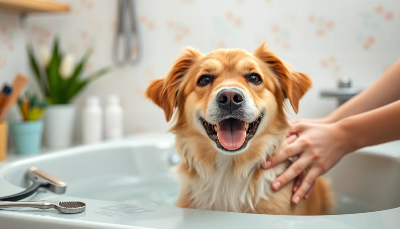 Pamper your pet with a soothing spa experience featuring a happy dog enjoying a gentle bath.