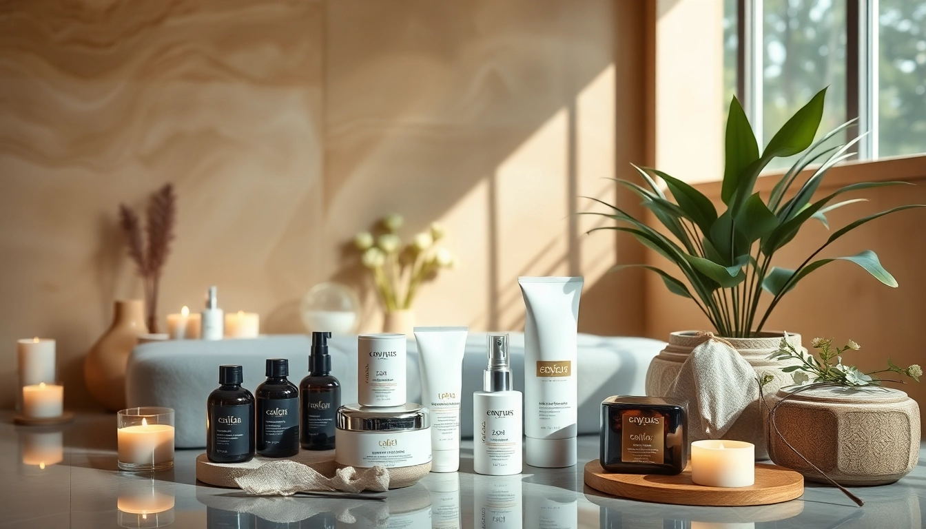 Discover a luxurious etiket spa setting with serene lighting and beautiful skincare products displayed.