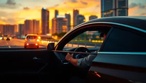 Rent a cheap car with driver Singapore, featuring luxury vehicle and city skyline at sunset.