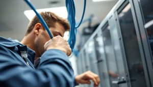 Technician performing Data Cable Installation service in a modern office with organized cables.