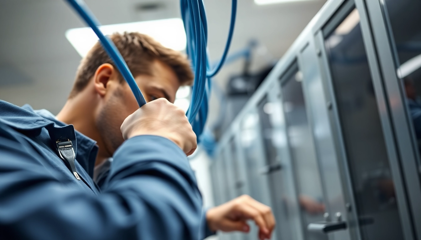 Technician performing Data Cable Installation service in a modern office with organized cables.