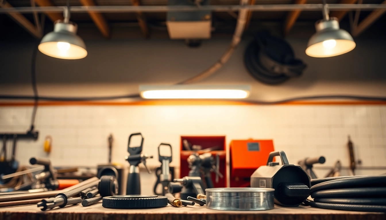 Explore welding supplies near me, featuring a variety of tools and safety equipment on a well-organized workbench.