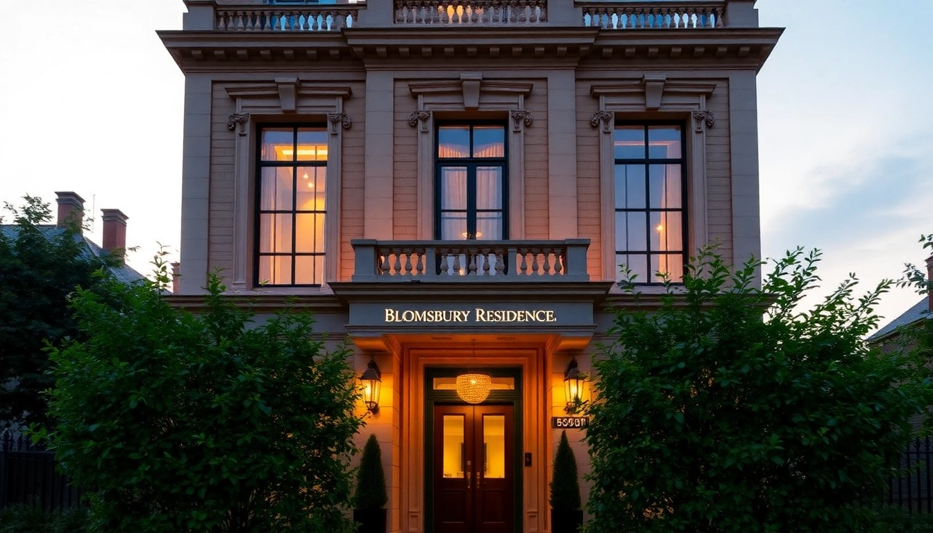 Admire the architecture of the Bloomsbury Residences, showcasing its inviting entrance and beautiful greenery.