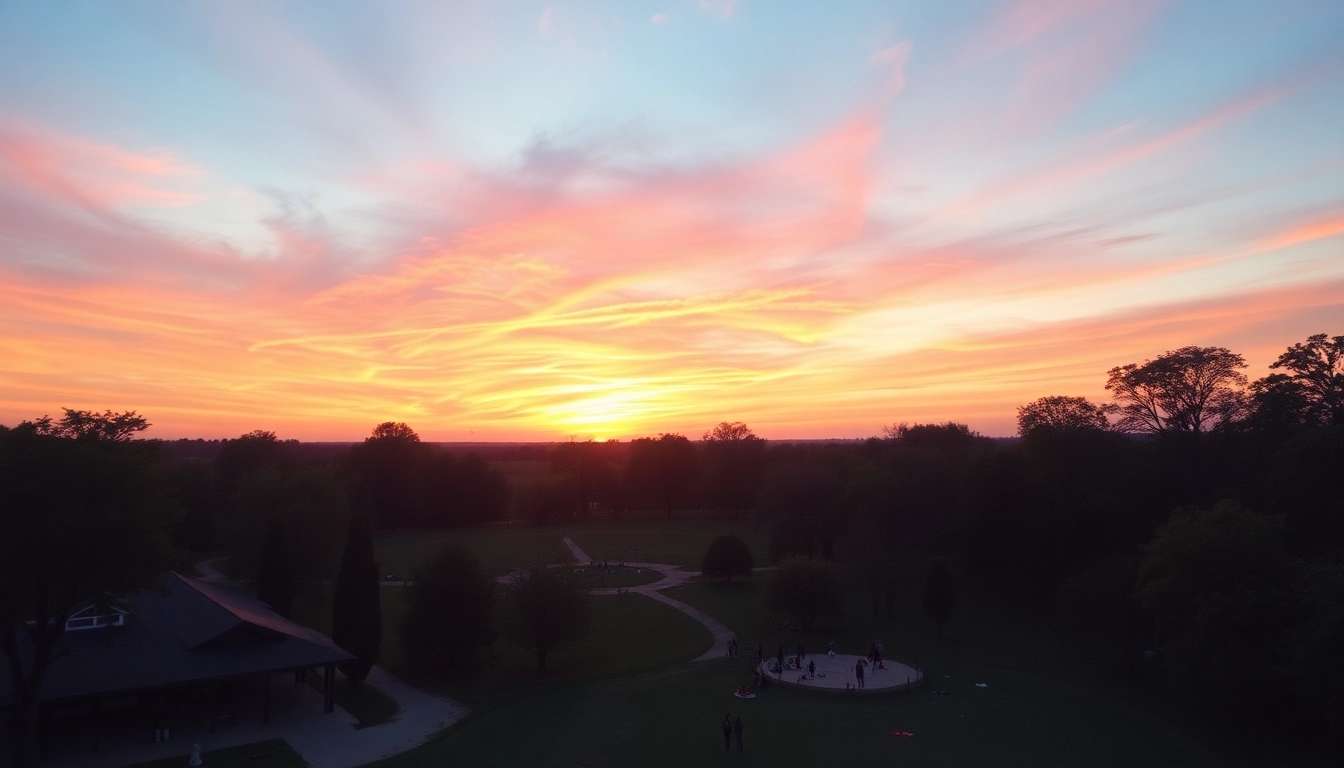 View of a park at sunset, illustrating the question, Is drone photography legal in my area?