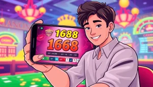 Experience the thrill of สล็อต168 gaming on a smartphone in a vibrant casino atmosphere.