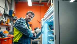 Technician performing beverage cooler repair, showcasing expertise and tools in a well-lit workshop.