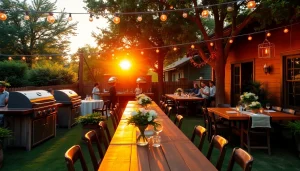 Experience Hochzeit Grill Catering für Berlin with a beautiful outdoor BBQ setup featuring elegant tables and a warm ambiance.