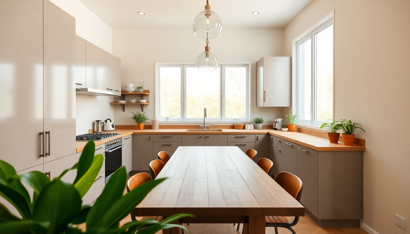 Revamp your kitchen reconstruction with a bright, modern layout featuring stylish cabinets and warm furnishings.