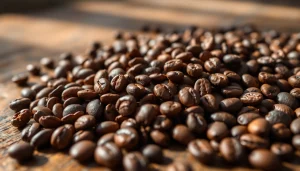 Hand-poured coffee beans showcasing their rich texture and aroma in a cozy setup.