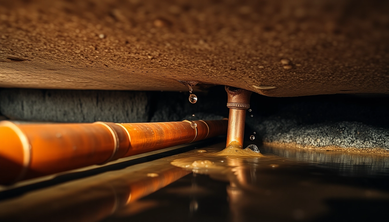 Visually explain what is slab leakage with dripping copper pipes under a concrete foundation.