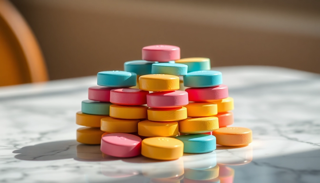 Showcasing vibrant Bulk 7oh tablets stacked artistically on a marble table.