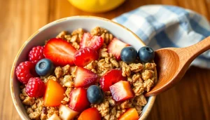 Enjoy a delicious serving of Gluten Free Granola topped with fresh fruits and nuts.