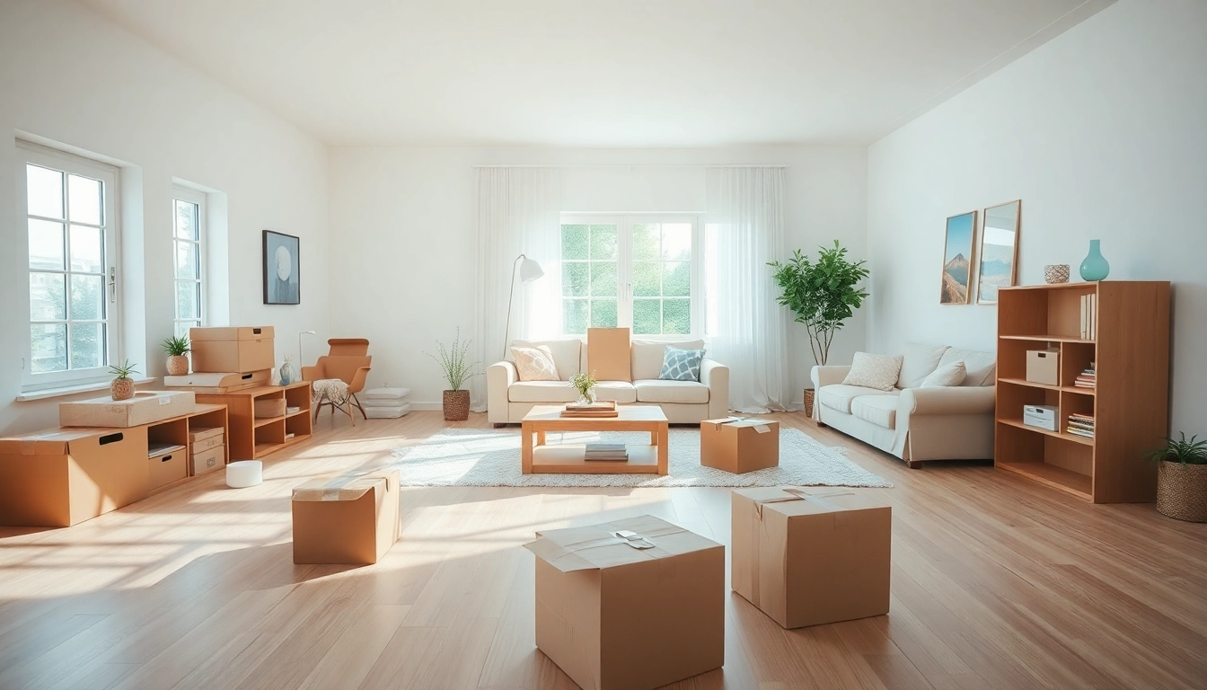 Efficient home removals West Yorkshire with professional movers organizing furniture in a well-lit living room.