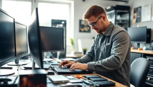 Riparazione computer settimo torinese con un tecnico esperto che ripara un laptop in un laboratorio.