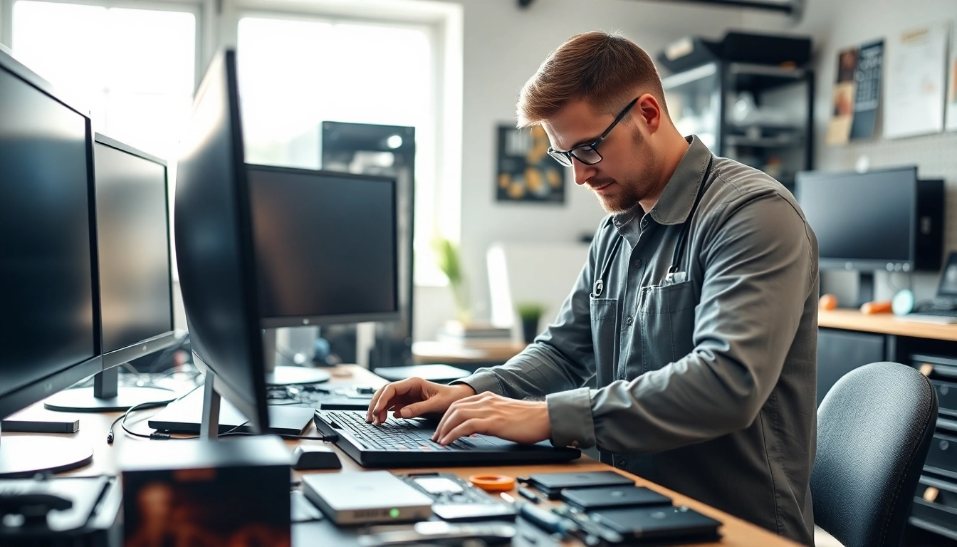 Riparazione computer settimo torinese con un tecnico esperto che ripara un laptop in un laboratorio.