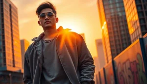 A confident young man representing based chad deso philosophy in a vibrant urban sunset.