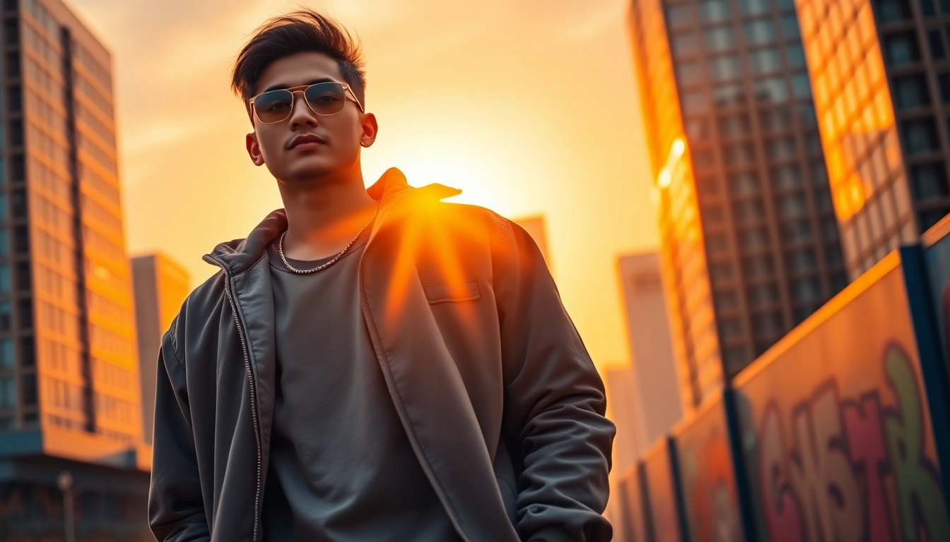 A confident young man representing based chad deso philosophy in a vibrant urban sunset.