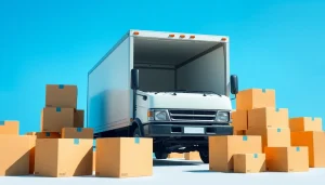 Efficient Umzug Erlangen service with organized boxes and a moving truck ready for transport.