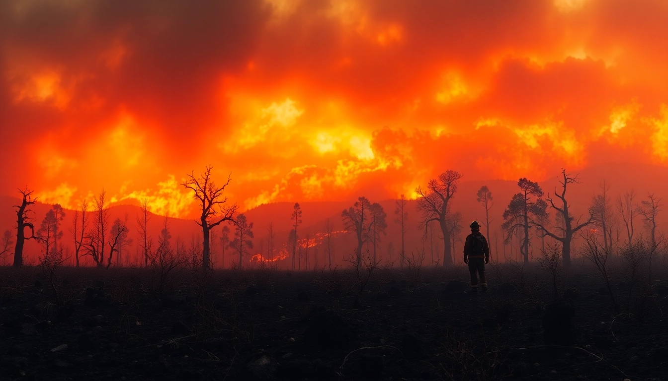 Illustration of recent wildfire events revealing charred landscapes and a firefighter inspecting the damage.
