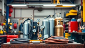 Showcasing an oxy acetylene welding kit in a professional workshop setup.