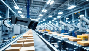 Machine vision system detecting product quality in a modern factory.
