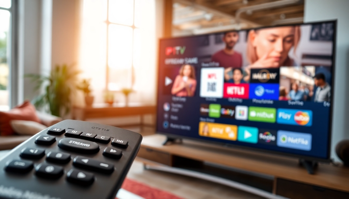 Experience IPTV Subscription USA through a modern smart TV streaming interface in a stylish room.