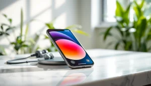 Buy iPhone 16 Pro Max with vibrant display featured prominently on a marble countertop.