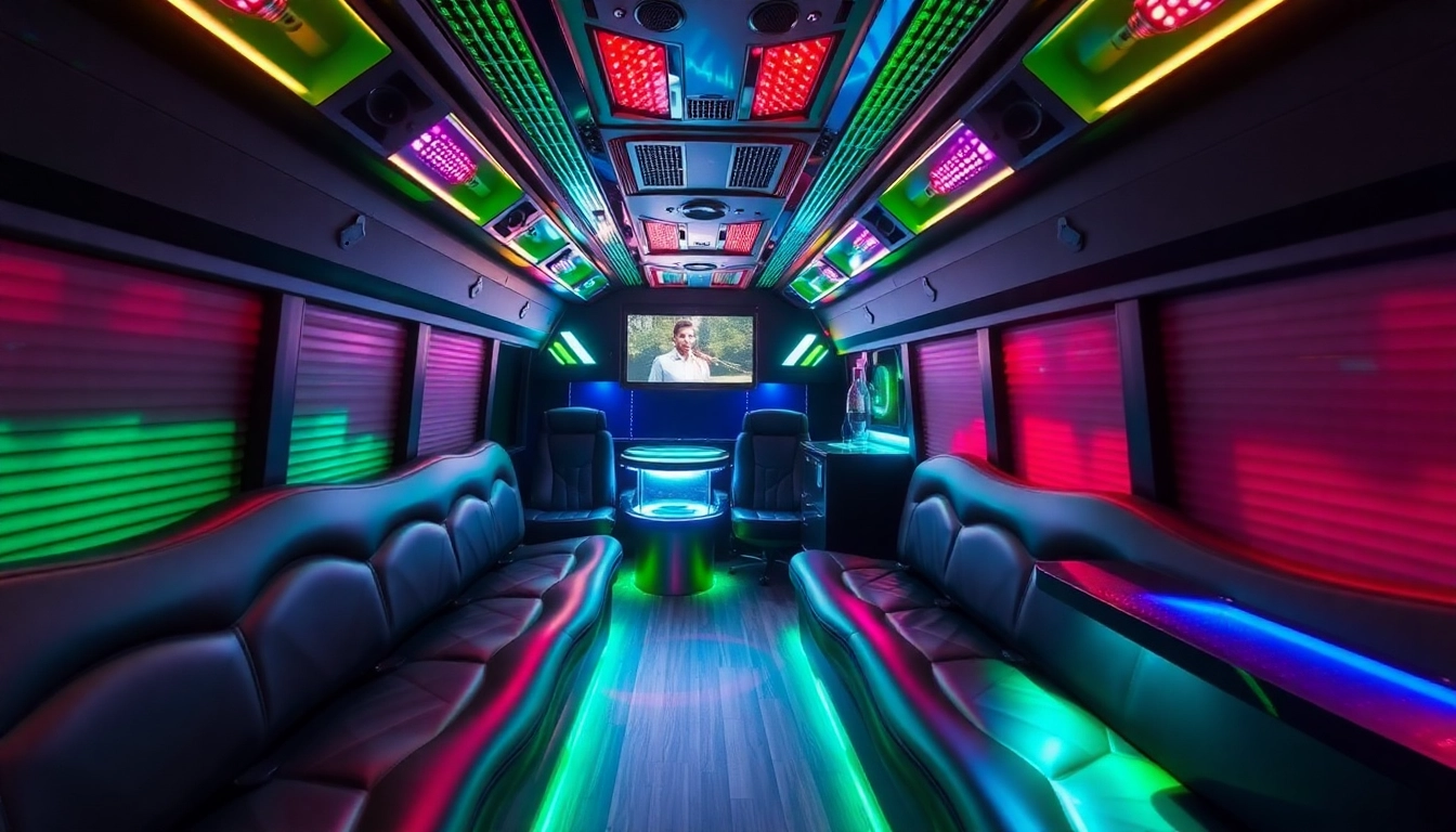 Experience the vibrant interior of an atlanta party bus with luxurious seating and dynamic lighting options.