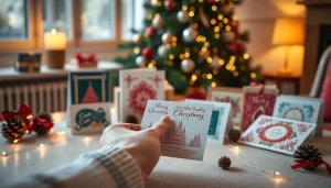 Explore a collection of unique Christmas cards Camden displayed on an elegant table, radiating festive cheer.