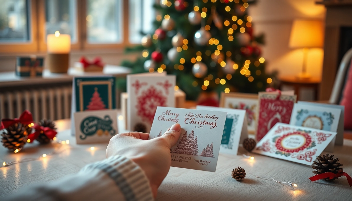 Explore a collection of unique Christmas cards Camden displayed on an elegant table, radiating festive cheer.
