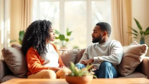 Couple discussing communication in relationships, showcasing openness and empathy in a cozy setting.