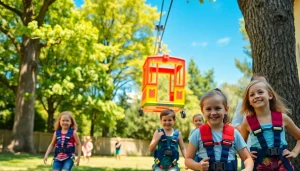 Families enjoying ZIP WIRE KITS in a sunny backyard with kids on a zip line.
