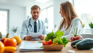 Client discussing diet and weight loss programs with a nutritionist in a modern office.
