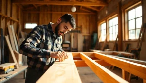 Find carpentry apprenticeship near me with a focused carpenter measuring wood in a well-lit workshop.