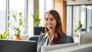 Engaging virtual receptionist providing a Virtual Answer Service in a modern office space.