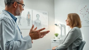 Engaging scene showcasing Peptide Therapy consultation between practitioner and patient in a bright healthcare setting.