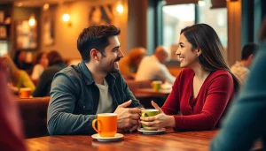 Couple communicating openly in relationships at a cozy café, fostering connection.