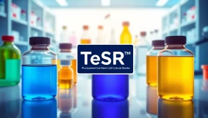 All check: visualize the TeSR™ culture media with labeled bottles and scientific gear in a laboratory setting.