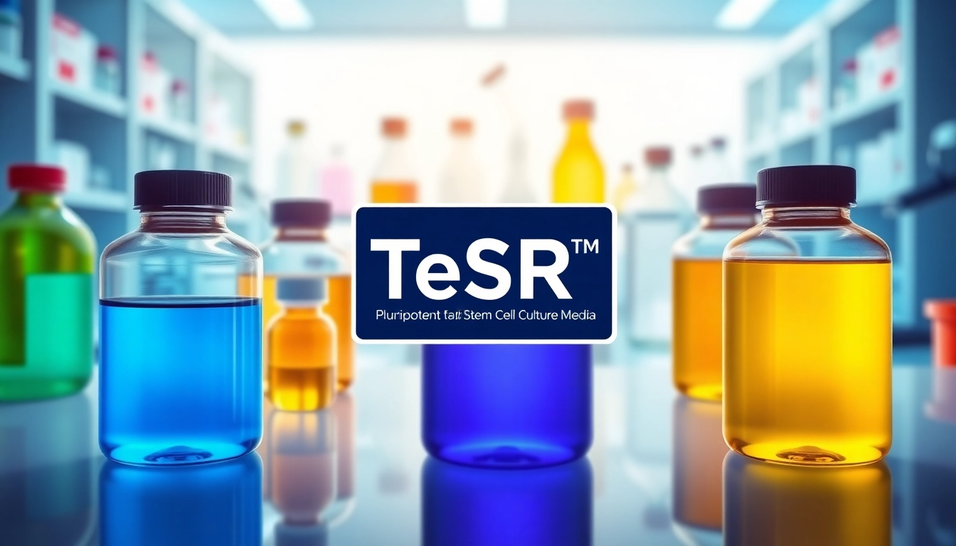 All check: visualize the TeSR™ culture media with labeled bottles and scientific gear in a laboratory setting.