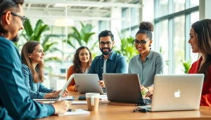 Virtual Assistants collaborating in a modern office environment with laptops and digital tools.