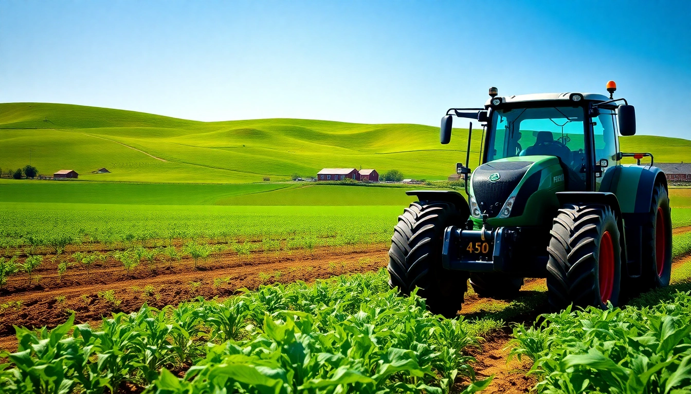 Fendt Traktor beim Arbeiten auf einem Feld mit üppiger Landschaft im Hintergrund.