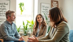 Engaging relationship coach facilitating a discussion with a couple in a supportive environment.
